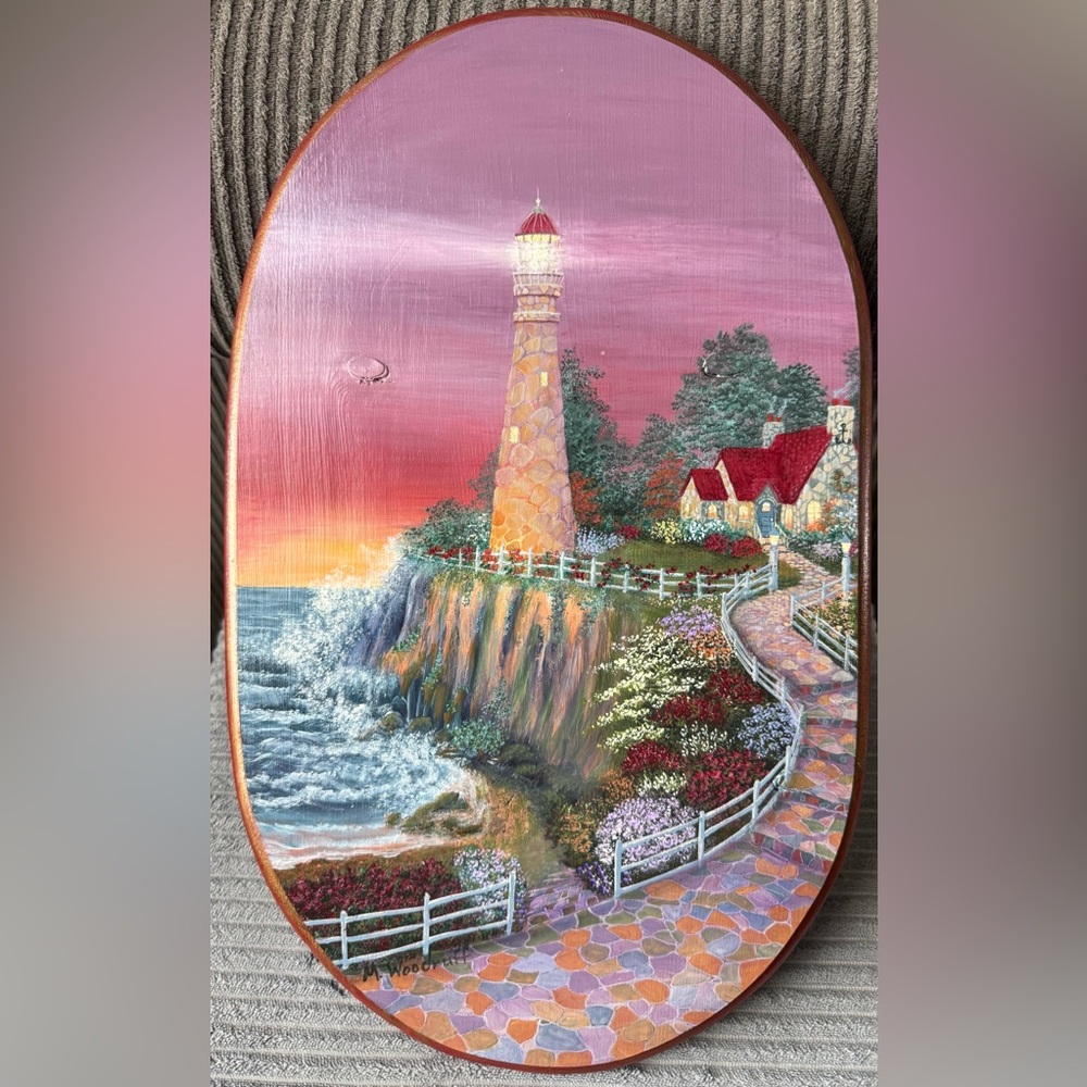 Vintage Sunset Lighthouse Wall Art - Pink, Red, Green Wooden Village Scenery
